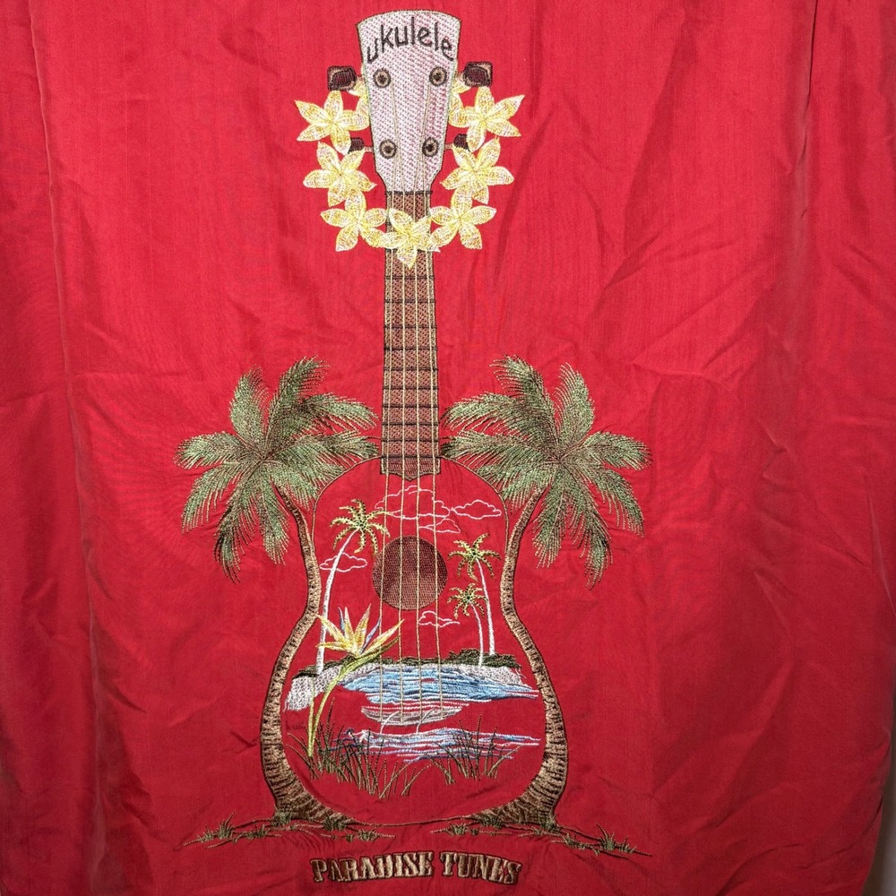Bamboo Cay Paradise Tunes Ukulele Hawaiian Shirt Red Modal Blend Mens Large
